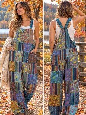 Kathmandu Imports Patchwork Overalls Large Cotton Boho Hippie Festival Nepal